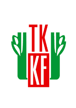 Logotyp Wielkopolskiego Towarzystwa Krzewienia Kultury Fizycznej - w środku czerwone i białe litery TK i KF, a z boku zielone symbole roślinne