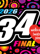 Logotyp WOŚP - logotyp Wielkiej Orkiestry Świątecznej Pomocy z numerem edycji i rokiem na różnokolorowym tle