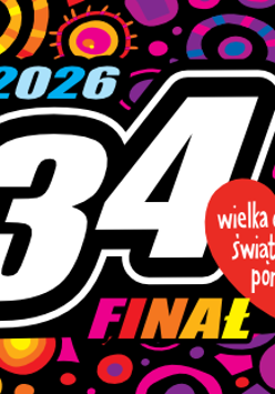 Logotyp WOŚP - logotyp Wielkiej Orkiestry Świątecznej Pomocy z numerem edycji i rokiem na różnokolorowym tle