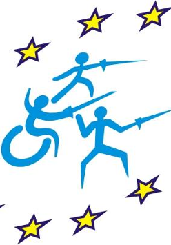 Logotyp "Z floretem go gwiazd" - w środku niebieskie symbole 3 szermierzy, w tym 1 na wózku, a wokół złote gwiazdy