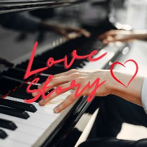 Zdjęcie dłoni grających na fortepianie, czerwony napis love story i czerwone serce.
