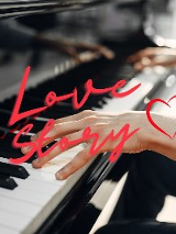 Zdjęcie dłoni grających na fortepianie, czerwony napis love story i czerwone serce.