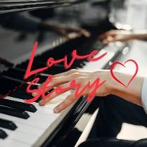 Dłonie grające na czarnym fortepianie. Na froncie czerwony napis "Love story" i serduszko.