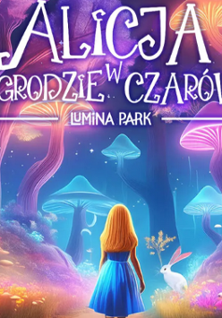 Napis o treści Alicja w ogrodzie czarów, dziewczynka stojąca na ścieżce prowadzącej między dużymi, świecącymi się grzybami, po której prawej stronie siedzi biały królik.