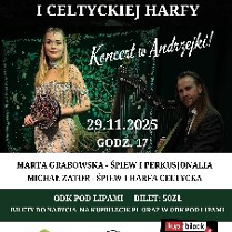 Plakat koncertu Magiczny wieczór irlandzkich ballad i celtyckiej harfy ze zdjęciami artystów i informacjami, które dostępne są w treści artykułu.