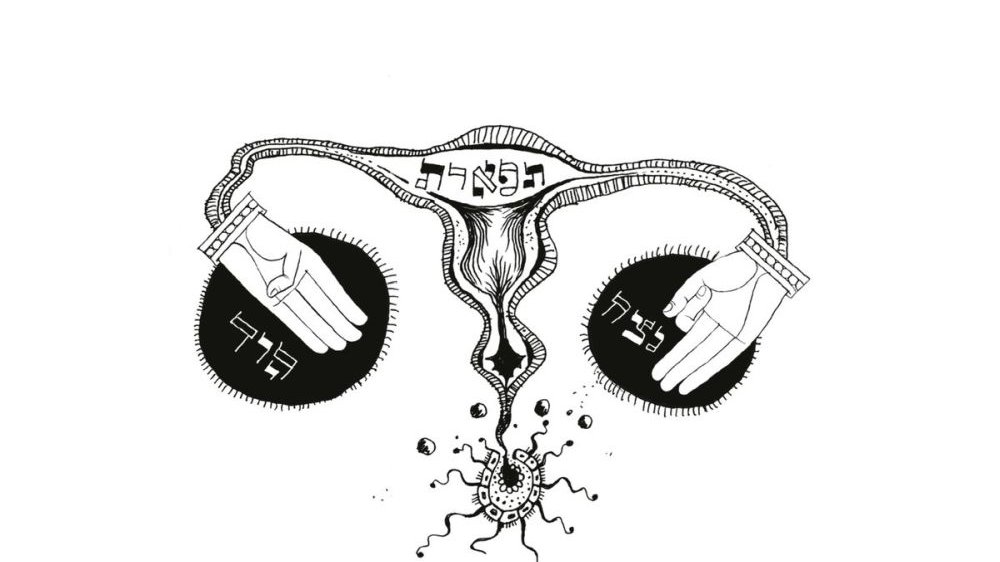 Biała okładka płyty z czarnym graficznym motywem. Rysunek przedstawia metaforyczny wewnętrzny układ płciowy kobiety, ale przedstawiony przy pomocy dłoni, płyt winylowych i nut.