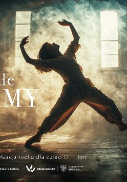 Tańcząca postać w obłokach pary, obok napis małe JaMY.