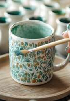 Ceramiczny kubek i malujący go pędzel.