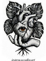 Surrealistyczna ilustracja serca z pęknięciami i zielonym okiem pośrodku, otoczona liśćmi i dłońmi w czarno-białej stylistyce.