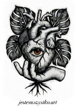 Surrealistyczna ilustracja serca z pęknięciami i zielonym okiem pośrodku, otoczona liśćmi i dłońmi w czarno-białej stylistyce.