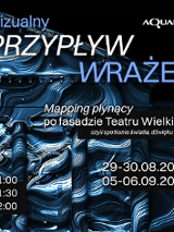 Plakat na ciemnym tle z abstrakcyjnymi wzorami przypominającymi płynące fale w odcieniach niebieskiego i bieli, w tle zarys fasady Teatru Wielkiego w Poznaniu. Informacje o pokazie multimedialnym.