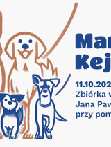 Niebiesko-brązowa grafika z rysunkami psów różnej rasy. Po prawej stronie niebieski napis "Marsz Kejterka. 11.10.2025 r. g.11:00. Zbiórka w parku Jana Pawła II przy pomniku Pyry".
