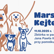 Niebiesko-brązowa grafika z rysunkami psów różnej rasy. Po prawej stronie niebieski napis "Marsz Kejterka. 11.10.2025 r. g.11:00. Zbiórka w parku Jana Pawła II przy pomniku Pyry".