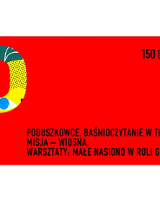 Na czerwonym tle po lewej stronie kolorowa duża litera P, po prawej na dole tytuł wydarzenia.