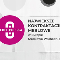 Napis o treści meble polska w bordowym kółku, po prawej napis o treści największe kontraktacje meblowe w Europie Środkowo-Wschodniej.