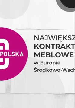 Napis o treści meble polska w bordowym kółku, po prawej napis o treści największe kontraktacje meblowe w Europie Środkowo-Wschodniej.
