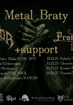 Rysowana grafika przedstawia dwie ręce złączone w uścisku. Na tle napisy z nazwami zespołów oraz datami koncertów.