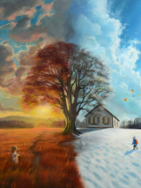 obraz przedstwiajacy pejzaż, który po lewej jest letni a po prawej zimowy