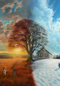 obraz przedstwiajacy pejzaż, który po lewej jest letni a po prawej zimowy