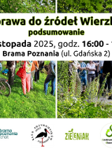 Kolaż zdjęć ze spacerów, na nich napis: Wyprawa do źródeł Wierzbaka podsumowanie, 15 listopada 2025, godz. 16:00 -18:00 rama Poznania (ul. Gdańska 2). U dołu loga organizatorów.