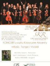 Plakat koncertu z cyklu Klasyczne akcenty, pod tytułem Miłość, Tango i Vivaldi. Oprócz informacji o wydarzeniu, widać na nim elegancko ubranych muzyków klasycznych.