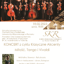 Plakat koncertu z cyklu Klasyczne akcenty, pod tytułem Miłość, Tango i Vivaldi. Oprócz informacji o wydarzeniu, widać na nim elegancko ubranych muzyków klasycznych.