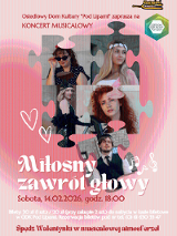 Grafika przedstawia zdjęcia pięciu wykonawców w kostiumach stylizowanych na różne epoki, wpisane w kształty puzzli.