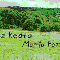 Obraz o niskiej rozdzielczości przedstawiający zielony krajobraz z napisem "Miłosz Kędra" oraz "Marta Forsberg".