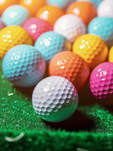 Kolowe piłeczki do golfa leżą na sztucznej trawie.