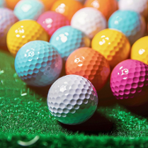 Kolowe piłeczki do golfa leżą na sztucznej trawie.