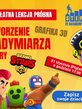 Kilka postaci z gry Brawl Stars, informacje o lekcji modelowania postaci w 3D, to wszystko na żółtym tle.