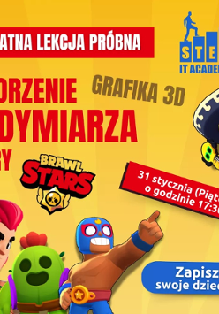 Kilka postaci z gry Brawl Stars, informacje o lekcji modelowania postaci w 3D, to wszystko na żółtym tle.