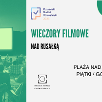 Zielone tło z grafiką publiczności oglądającej kino plenerowe. Po prawej biale tło z napisem "Wieczory filmowe nad Rusałką".