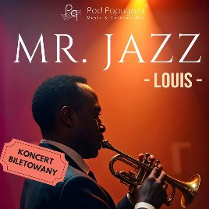 Saksofonista podczas gry, obok napisy informujące o wydarzeniu.