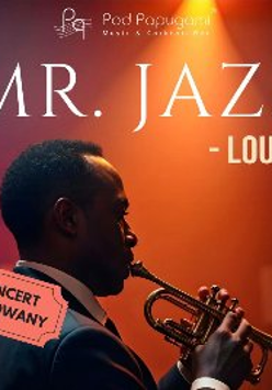 Saksofonista podczas gry, obok napisy informujące o wydarzeniu.