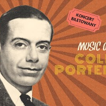 Plakat, który reklamuje koncert Music of Cole Porter, na zdjęciu twarz artysty, napisy informujące o wydarzeniu.