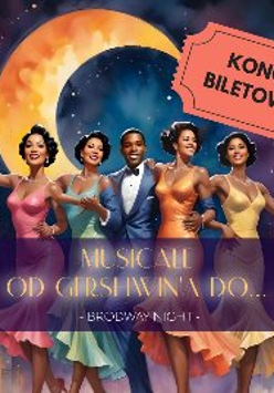 Grafika, na tle wielkiego księżyca i gwieździstego nieba stoi grupa artystów w eleganckich strojach, napisy informujące o wydarzeniu.