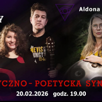 Trzej artyści na ciemnym tle, na nich napis muzyczno-poetycka synteza, 20.02.2026, godz. 19:00