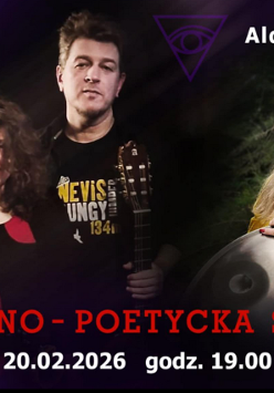 Trzej artyści na ciemnym tle, na nich napis muzyczno-poetycka synteza, 20.02.2026, godz. 19:00