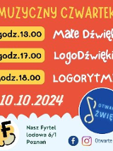 Plakat, na pomarańczowym tle rozpisany plan zajęć czwartkowych, godziny podane w żółtych prostokątach, obok białe napisy.