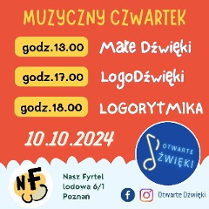 Plakat, na pomarańczowym tle rozpisany plan zajęć czwartkowych, godziny podane w żółtych prostokątach, obok białe napisy.
