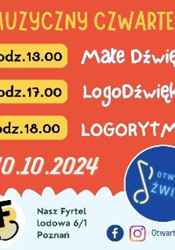 Plakat, na pomarańczowym tle rozpisany plan zajęć czwartkowych, godziny podane w żółtych prostokątach, obok białe napisy.