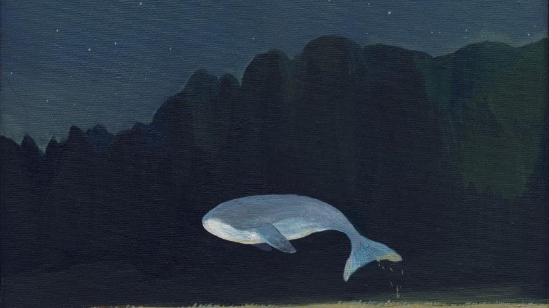 Namalowany obrazek. Łąka nocą, rozgwieżdżone niebo, księżyc w pełni, gęsty las w oddali, a nad samą łąką unosi się niebieski wieloryb.