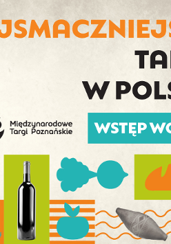 Plakat, kolorowe napisy informujące o wydarzenu, na dole plakatu ikonki związane z jedzeniem, m.in. butelka, burak, chleb, kiełbasa, jabłko, ser, jajko.