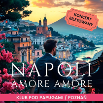 Rysunek włoskiego wybrzeża z kamieniczkami, roślinami. Na pierwszym planie pianista. Napisy informujące o wydarzeniu.