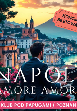 Rysunek włoskiego wybrzeża z kamieniczkami, roślinami. Na pierwszym planie pianista. Napisy informujące o wydarzeniu.