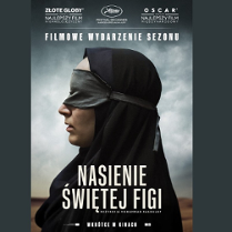 Kobieta w ciemnym ubiorze z opaską na oczach, zwrócona lewym profilem. Informacje o filmie.