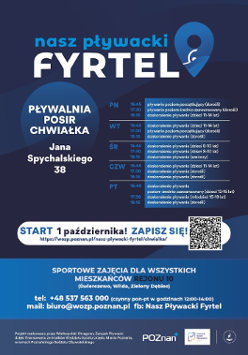 Na plakacie widać harmonogram zajęć oraz QR Code odsyłający do formularza zapisowego na zajęcia. Ponadto widoczne są dane kontaktowe, logo projektu oraz informacja do kogo skierowane są zajęcia.