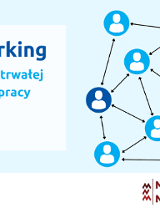 Z lewej tytuł szkolenia: Networking - budowanie trwałej sieci współpracy biznesowej, 24.02.2022. Z prawej strony ikony przedstawiające ludzi połączone dwustronnymi strzałkami. Jedna ikona wyróżnia się czerwonym kolorem. Na dole logotypy organizatorów: Poznań Biznes Partner i Mikrobiznes na Maksa.