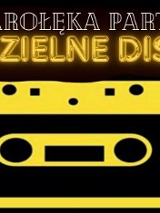 Urządzenie muzyczne na czarnym tle. Na górze znajduje się napis z zaproszeniem na dyskotekę w złotych kolorach.